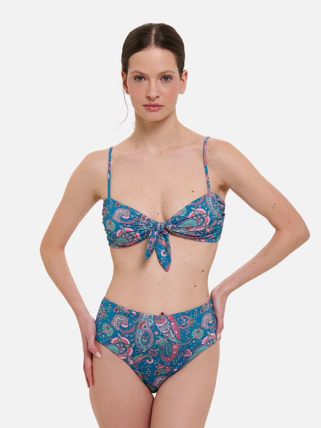 Bikini Nodo Donna Slip V.Alta Lycra Liberty Cashmere Petrolio