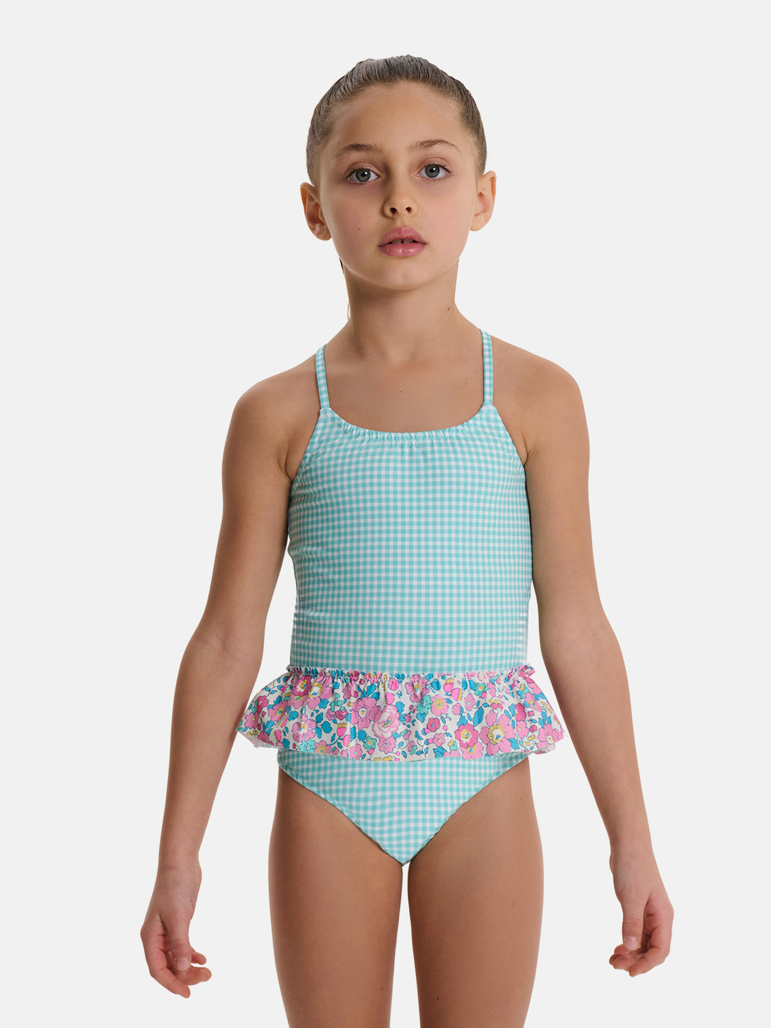 Intero Bambina Balza Lycra Patchwork Liberty Betsy Fluo Rosa Azzurro