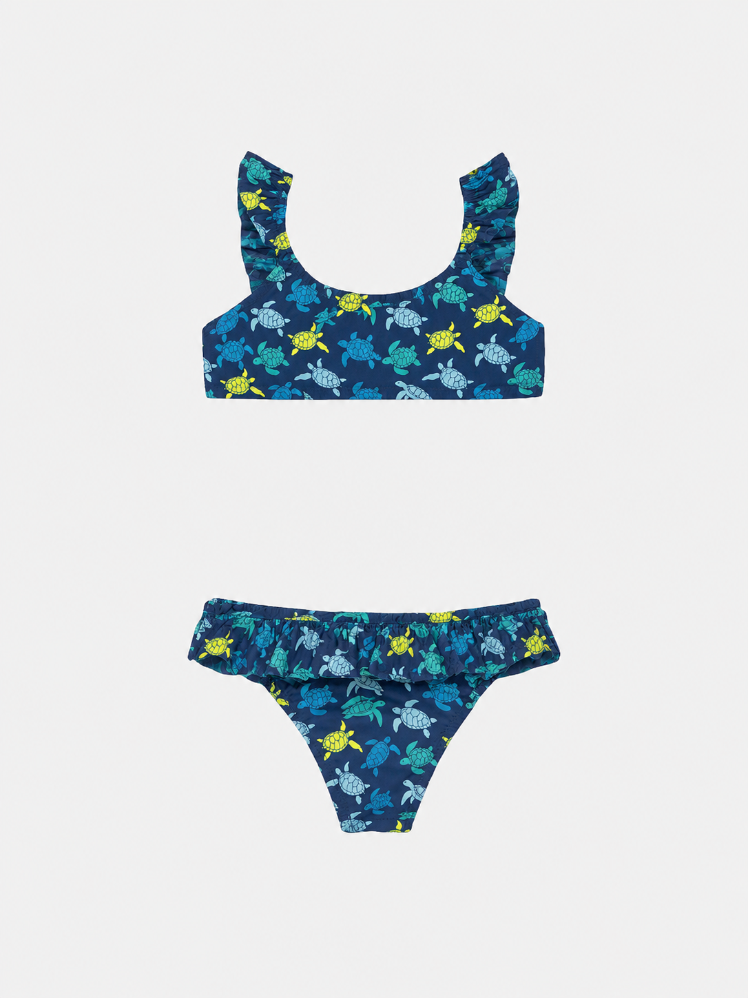 Bikini Bambina Top Rouches Slip Balza Tartarughe Mix Blu