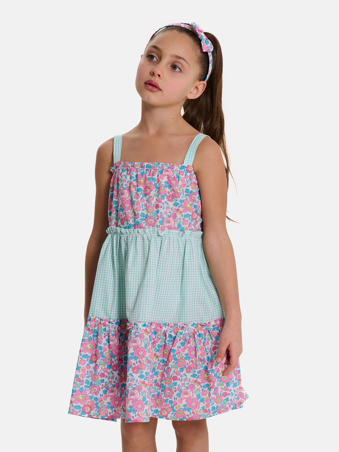 Prendisole Bambina Balze Rouches Patchwork Liberty Betsy Fluo Rosa Azzurro