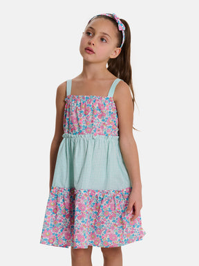 Prendisole Bambina Balze Rouches Patchwork Liberty Betsy Fluo Rosa Azzurro