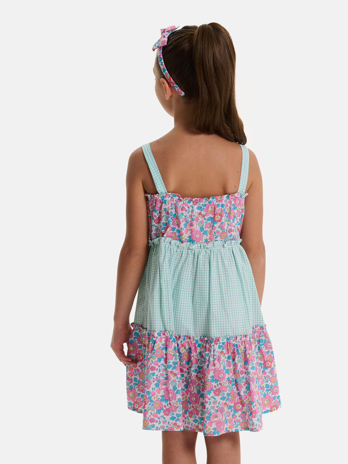 Prendisole Bambina Balze Rouches Patchwork Liberty Betsy Fluo Rosa Azzurro