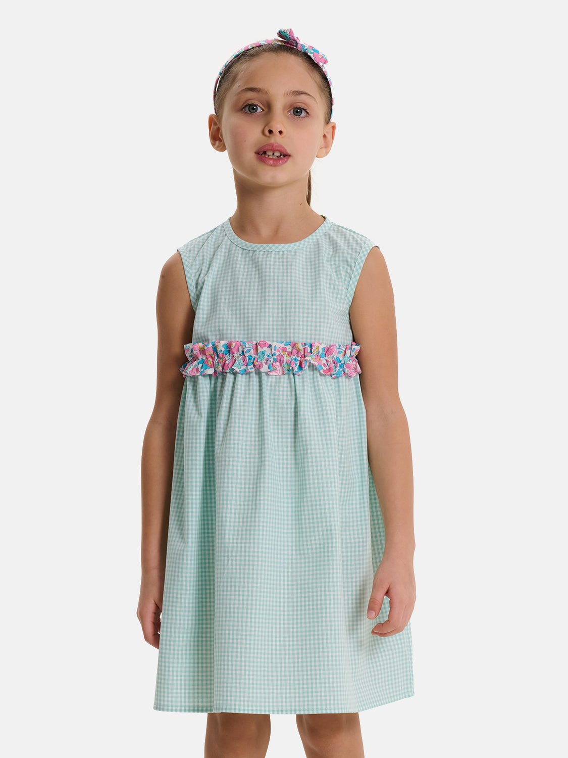 Abito Patchwork Rouche Centrale Liberty Betsy Fluo Rosa Azzurro