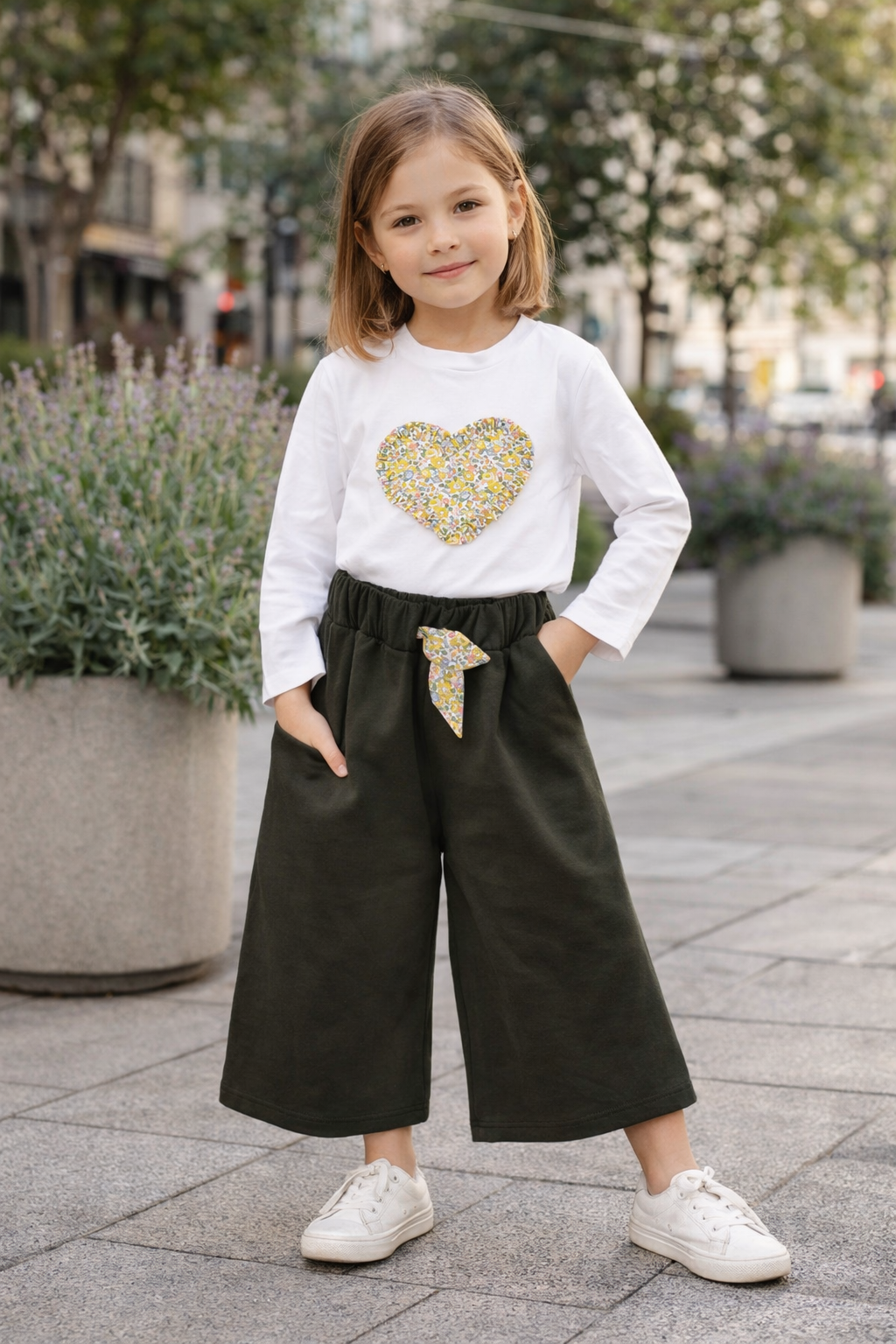 Pantalone Palazzo Bambina Felpa Cotone Militare
