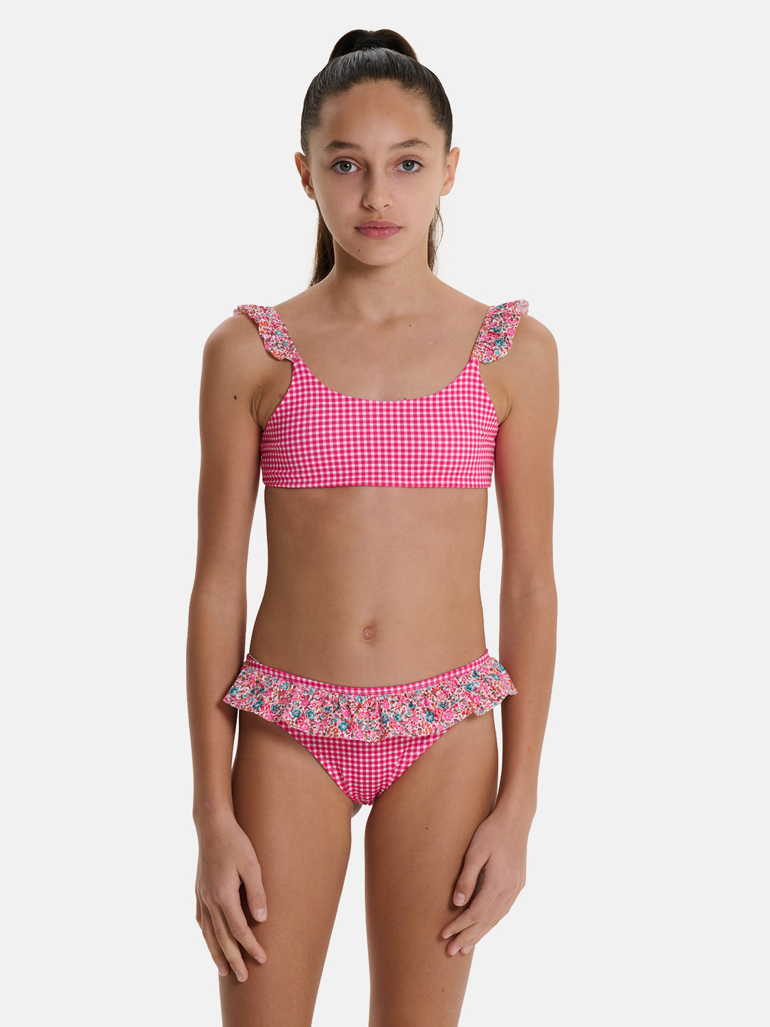 Bikini Bambina Patchwork Top Rouches Slip Balza Liberty Emma Fuxia Petrolio