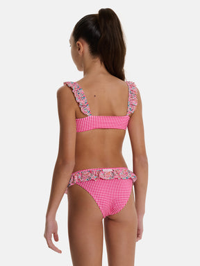 Bikini Bambina Patchwork Top Rouches Slip Balza Liberty Emma Fuxia Petrolio
