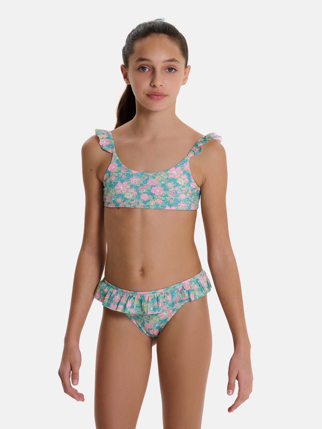 Bikini Bambina Top Rouches Slip Balza Liberty Betsy Verde Rosa