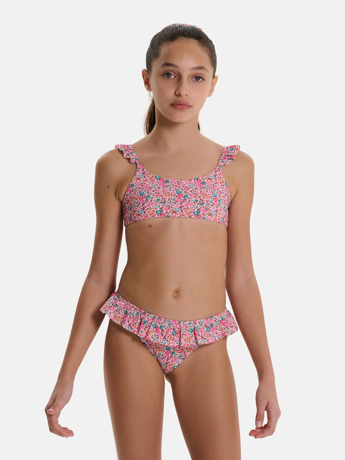 Bikini Bambina Top Rouches Slip Balza Liberty Emma Fuxia Petrolio