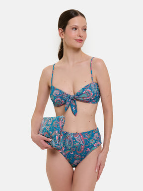 Bikini Nodo Donna Slip V.Alta Lycra Liberty Cashmere Petrolio
