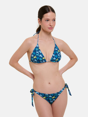 Bikini Donna Triangolo Lacci Brasiliana Lycra Tartarughe Mix Blu