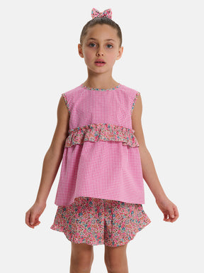 Blusa Cotone Patchwork Rouche Centrale Liberty Emma Fuxia Petrolio