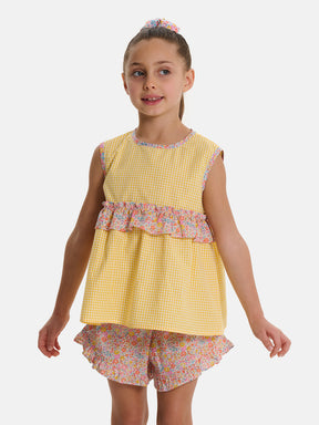 Blusa Cotone Patchwork Rouche Centrale Liberty Emma Giallo