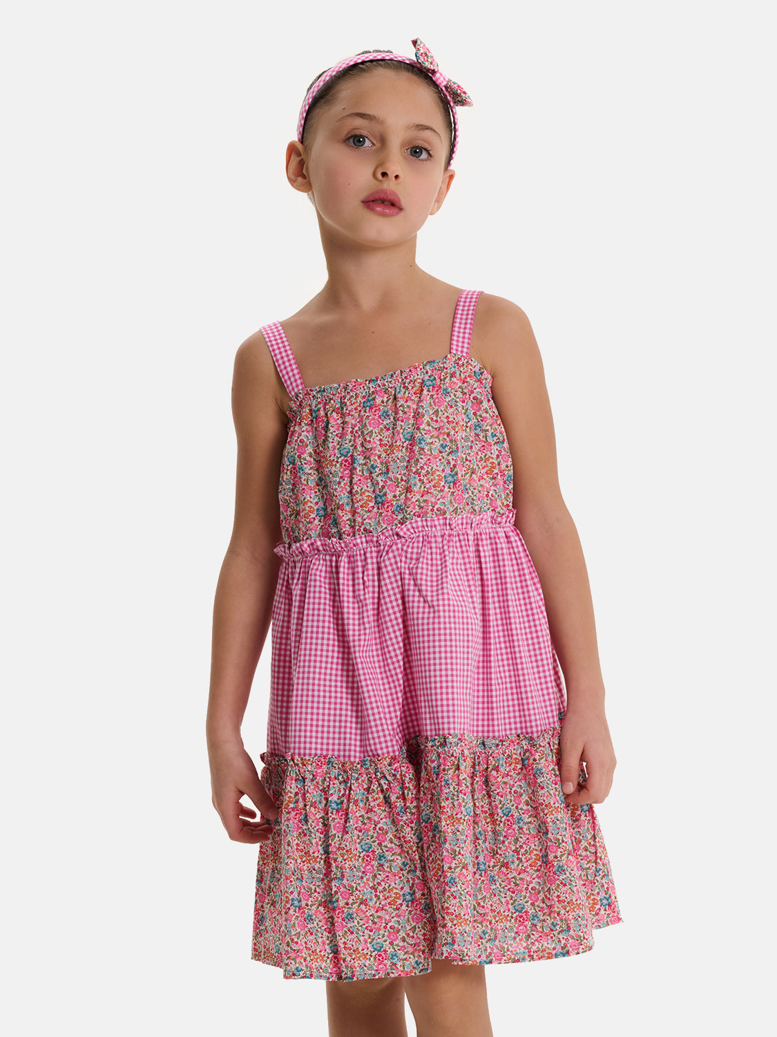 Prendisole Bambina Balze Rouches Patchwork Liberty Emma Fuxia Petrolio