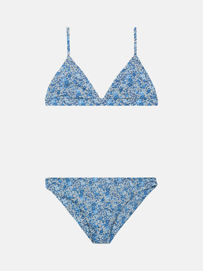 Bikini Donna Triangolo Fisso Slip Classico Lycra Liberty Fiori Blu
