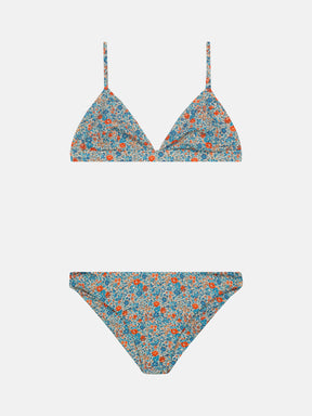 Bikini Donna Triangolo Fisso Slip Classico Lycra Liberty Fiori Arancio