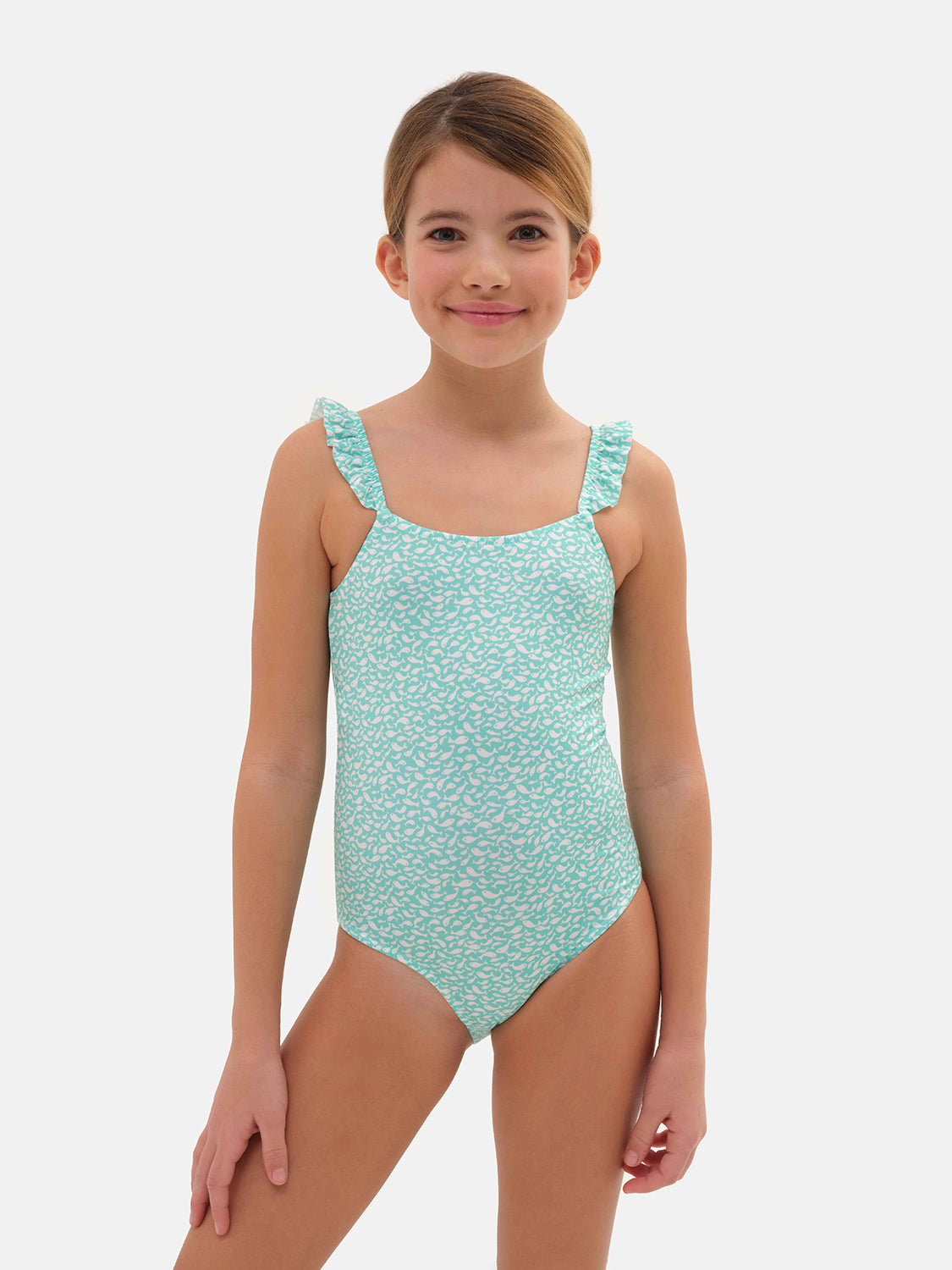 One Piece Girl Rouches Lycra Liberty Little Fish Green Water